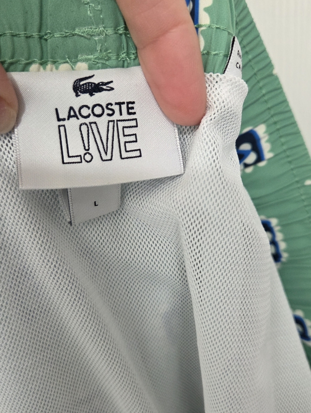 Lacoste L!VE Men Print Green Swim Trunks Shorts Large Mesh Lined Croc Logo - Picture 7 of 10